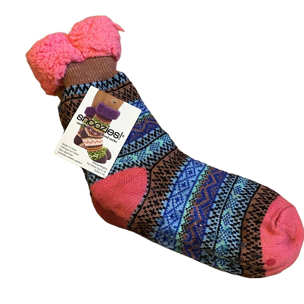 Snoozies Sherpa Lined Brights Pink Blue Socks Women Size 5-10 NWT